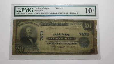 $20 1902 Dallas Oregon OR National Currency Bank Note Bill Ch. #7472 VG10 PMG - Image 1 of 3