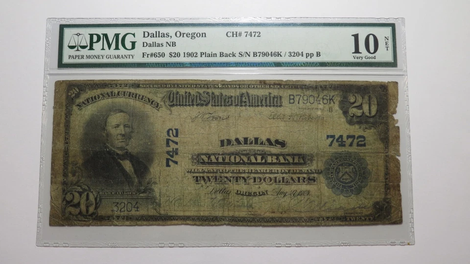 $20 1902 Dallas Oregon OR National Currency Bank Note Bill Ch. #7472 VG10 PMG - Image 1 of 3