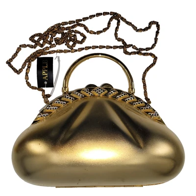 Cartera de noche formal estilo minaudiere de metal dorado Y2K Apple para mujer de colección nueva con etiquetas Foto 1 de 4
