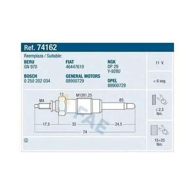 BUJÍA INCANDESCENTE FAE 74162 PARA FIAT LANCIA Foto 1 de 3