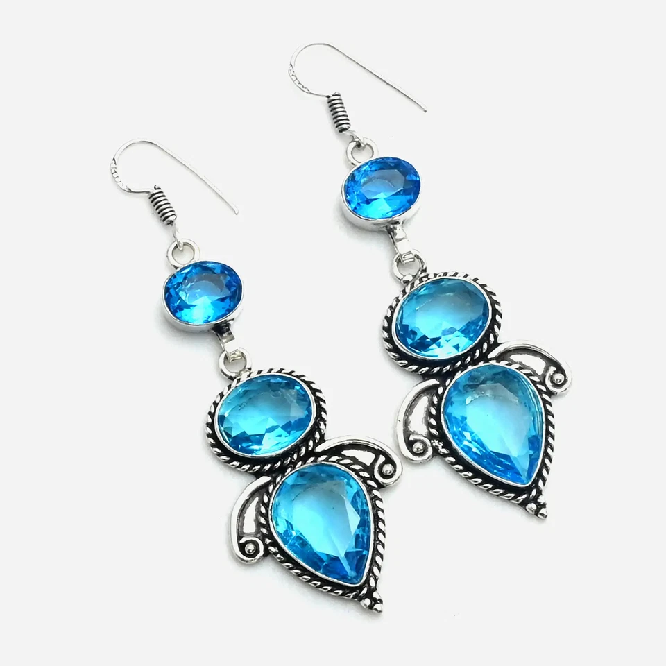 Pendientes colgantes hechos a mano con piedras preciosas de topacio azul joyería para ella 2,6" AE-11127 Foto 1 de 1