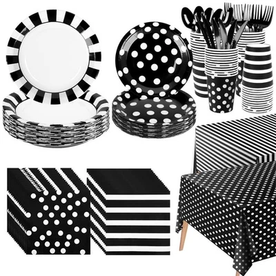 170 Piezas Suministros de Fiesta Blanco y Negro Platos de Papel Desechables Servilletas Tazas... Foto 1 de 4