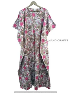 Indio Blanco Pijama Largo Estampado Floral Algodón Hippie Maxi Mujer Caftán De - Imagen 1 de 7