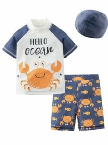 Kid Boys Chic Animals Printed One-Piece Rash Guard with Sun Hat 2pcs Swimsuit Po - Picture 1 of 5