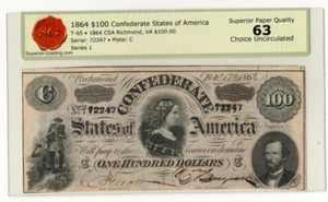 Graded T-65 1864 $100 Confederate States America Bank Note Currency Uncirculated - Picture 1 of 2