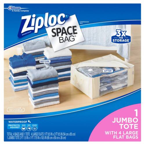 Ziploc Space Bag 5 Count 4l Flat Bags 1 Underbed Tote for sale