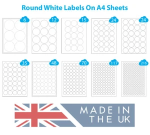 Round Labels, Circular A4 Inkjet & Laser Printer Stickers, White Paper Circles - Picture 1 of 25