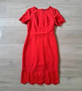 H&M Red Stretch Textured Pencil Dress Scalloped Lace Edge Smart Occasion UK10/12 - Picture 1 of 18