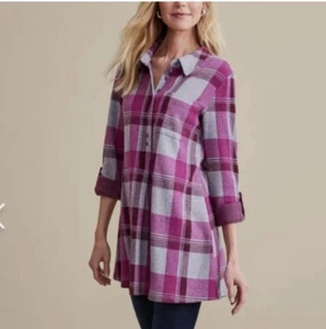 Soft Surroundings 1X Mad About Plaid Tunic Flannel Purple Gray 1/2 Button Cozy - Picture 1 of 6