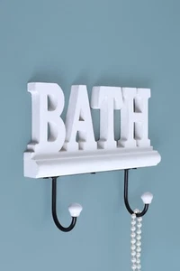 G Decor Bath Wall Hook Rack Large White Wooden Sign with 2 Iron Towel Hooks - Picture 1 of 5
