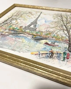 Stampa artistica acquerello Torre Eiffel Parigi incorniciata oro 14x18” Francia fiume Senna - Foto 1 di 13