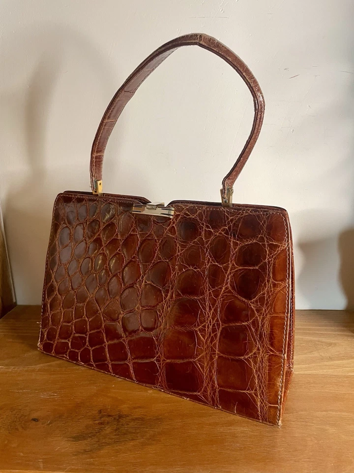 Adorable Sac en cuir crocodile véritable marron vintage - Photo 1/4