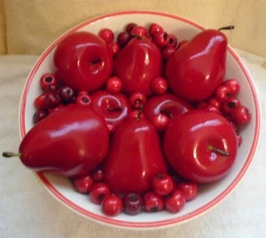 Vintage Large Ceramic Bowl of Fruit - Wood Apples Pears Cranberries Centerpiece - Picture 1 of 9
