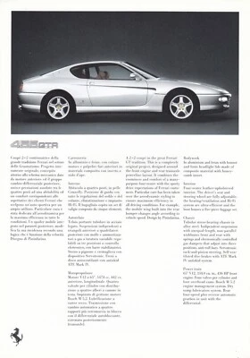 1997 FERRARI 456 GTA FOLHETO DE VENDAS PROSPEKT FOLHA DE ESPECIFICAÇÃO CARTÃO PT & IT - Imagem 1 de 2