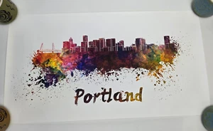 Portland City Skyline Aquarell Druck 13x24 - Bild 1 von 4
