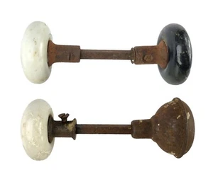 Pair of Antique Vintage Doorknob Sets 2 White 1 Black Porcelain 1 Plain Metal - Picture 1 of 12