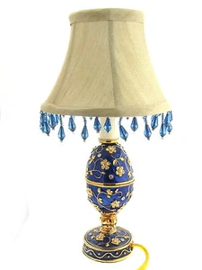 Sapphire Blue Egg Shaped With Golden Flowers Enameled Nightlight Table Lamp - Picture 1 of 3