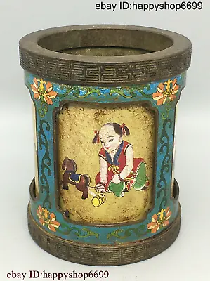 Collect Chinese Dynasty Bronze Cloisonne Enamel Boy Play Brush Pot Pen Container • 342.27$