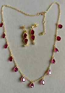 5.50Ct Lab-Created Pear Cut Ruby Earring & Necklace Set 14K Yellow Gold Finish