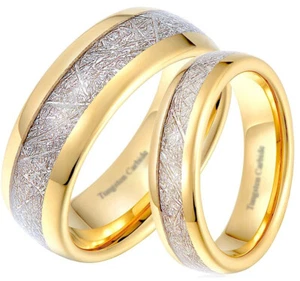 His And Hers Matching Meteorite Inlay Gold Wedding Engagement Band Ring Set - Picture 1 of 10