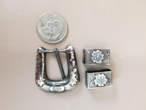 Vintage Sterling Silver 3pc Belt Buckle Made in Mexico Floral - Picture 1 of 7