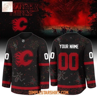 Personalized Calgary Flames x Stranger Things 5 Hockey Shirt Men's Fan Gear Gift - Image 1 of 4