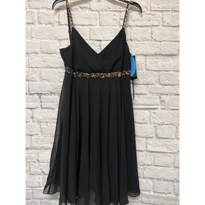 Mini abito Eva blu nero in chiffon swing oro paillettes orlo regolabile Cinghie TG 12 nuove con etichetta - Foto 1 di 5
