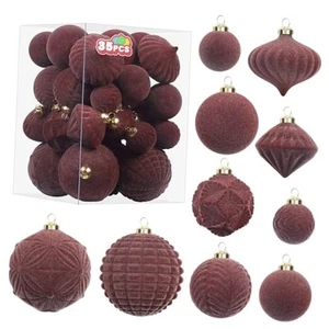  Velvet Christmas Ornaments Set, 35PCS Flocked Shatterproof 1.57"-3.14" Coffee - Picture 1 of 7