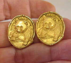 1970s Vintage Panda Bear Gold Plated Clip On Oval Stud Earrings Vintage Costume - Picture 1 of 8