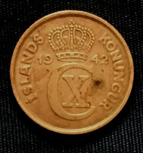 1942 ICELAND AURAR 5 BRONZE COIN - Picture 1 of 6