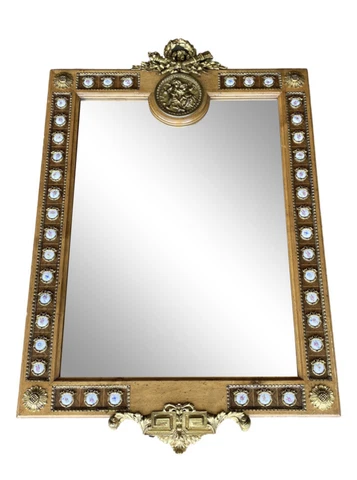 Antique French Louis XVI Style Wall Mirror with Porcelain Plaques & Cherub Angel Cover
