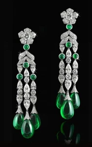 Lab-Created Colombian Tear Drop Shape Emeralds & White Diamonds Vintage Earrings - Picture 1 of 4