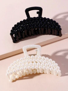 set 2 pezzi Fermaglio pinza fermacapelli capelli con perle bianco e nero - Foto 1 di 2