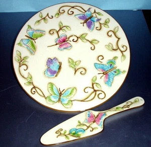 Franciscan Wedgwood Primavera 12" Cake Plate & Server 2PC. Painted Butterfly New - Picture 1 of 3
