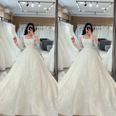 Luxury A-Line Wedding Dresses Square Neck Long Sleeves Lace Sequins Bridal Gowns - Image 1 of 4
