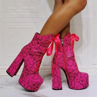 2025 Women's Snake Pattern Faux Leather Ankle Boots Lace Up Block Heel Zip Shoes - Image 1 of 4