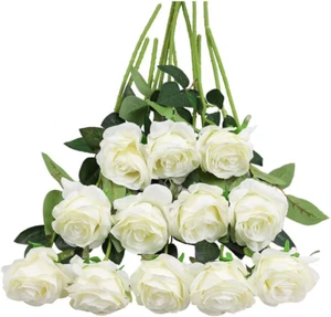 Tifuly White Roses Artificial Flowers -12 Pcs Realistic Single Long Stem Fake Si - Picture 1 of 12