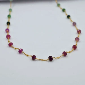 Multi Sapphire Gemstone Round Faceted Beads Necklace Sterling Silver Chain - Picture 1 of 4