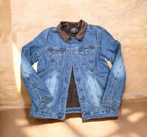 Chaqueta de mezclilla forrada Sherpa para hombre cuello de pana abrigo de jean azul nuevo con etiquetas 100 % algodón - Imagen 1 de 4