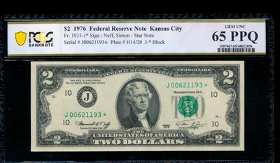 AC 1976 $2 Kansas City FRN *STAR* PCGS 65 PPQ Fr 1935-J* KEY - Image 1 of 2