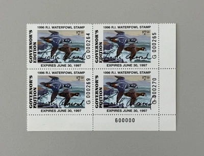 1996 Rhode Island Duck Stamp Governor Hand Signed - Plate Block of 4 - RI8G(s) - Image 1 of 2
