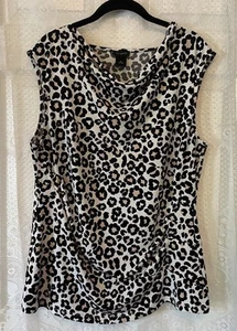 Top elasticizzato senza maniche Ann Taylor nero bianco giallo leopardato collo cappuccio XL - Foto 1 di 6