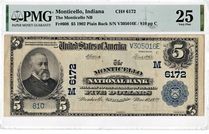 $5 1902 PB National MONTICELLO Indiana IN "Mega Rare" ((Only 4 on Census))PMG 25 - Picture 1 of 2