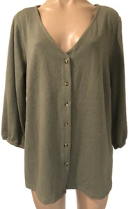 Size 16 Khaki Green V Neck 3/4 Sleeve Button Front Blouse Top BNWOT - Picture 1 of 7