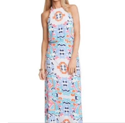 NOVO! Vestido maxi Annie Griffin estampa geométrica seda halter tamanho 2 PRAIA CASAMENTO - Imagem 1 de 4