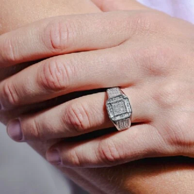 Anello Quadrato In Argento Sterling Da Uomo Con 204 Pietre CZ Micro Pave - Immagine 1 di 4