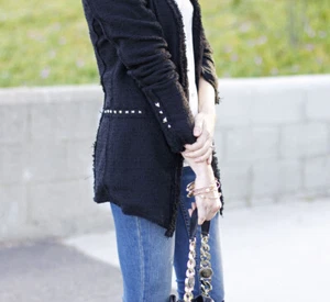 A266 ZARA BLAZER BOUCLE TWEED FANTASY JACKET COAT BLACK WITH STUDDED SMALL - S - Picture 1 of 16