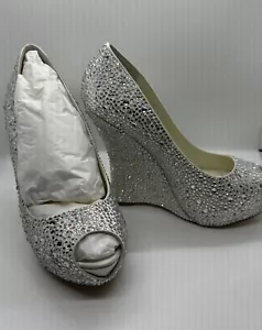 NWOB Benjamin Adams Swarovski Crystal Peep Toe High Wedge Size 9 - Picture 1 of 9