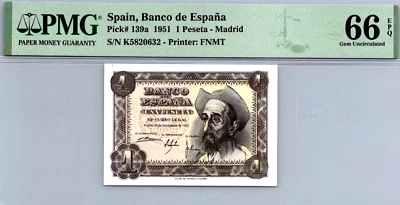 Spain 1 Peseta 1951 PMG 55 EPQ GEM UNC Pick # 139a - Image 1 of 3