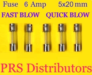 Fusible 6A 250V 5X20mm FAST BLOW RAPIDE SOUFFLAGE RAPIDE fusible en verre 6 ampères 5 pièces VENDEUR USA - Photo 1/3